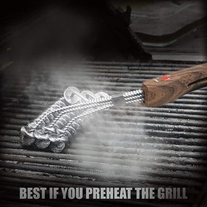 Kona Safe/Clean Grill Brush - Bristle Free BBQ Grill Brush - Wood Grain Design Handle - 100% Rust Resistant Stainless Steel Barbecue Cleaner - Safe for Porcelain, Ceramic, Steel, Cast Iron