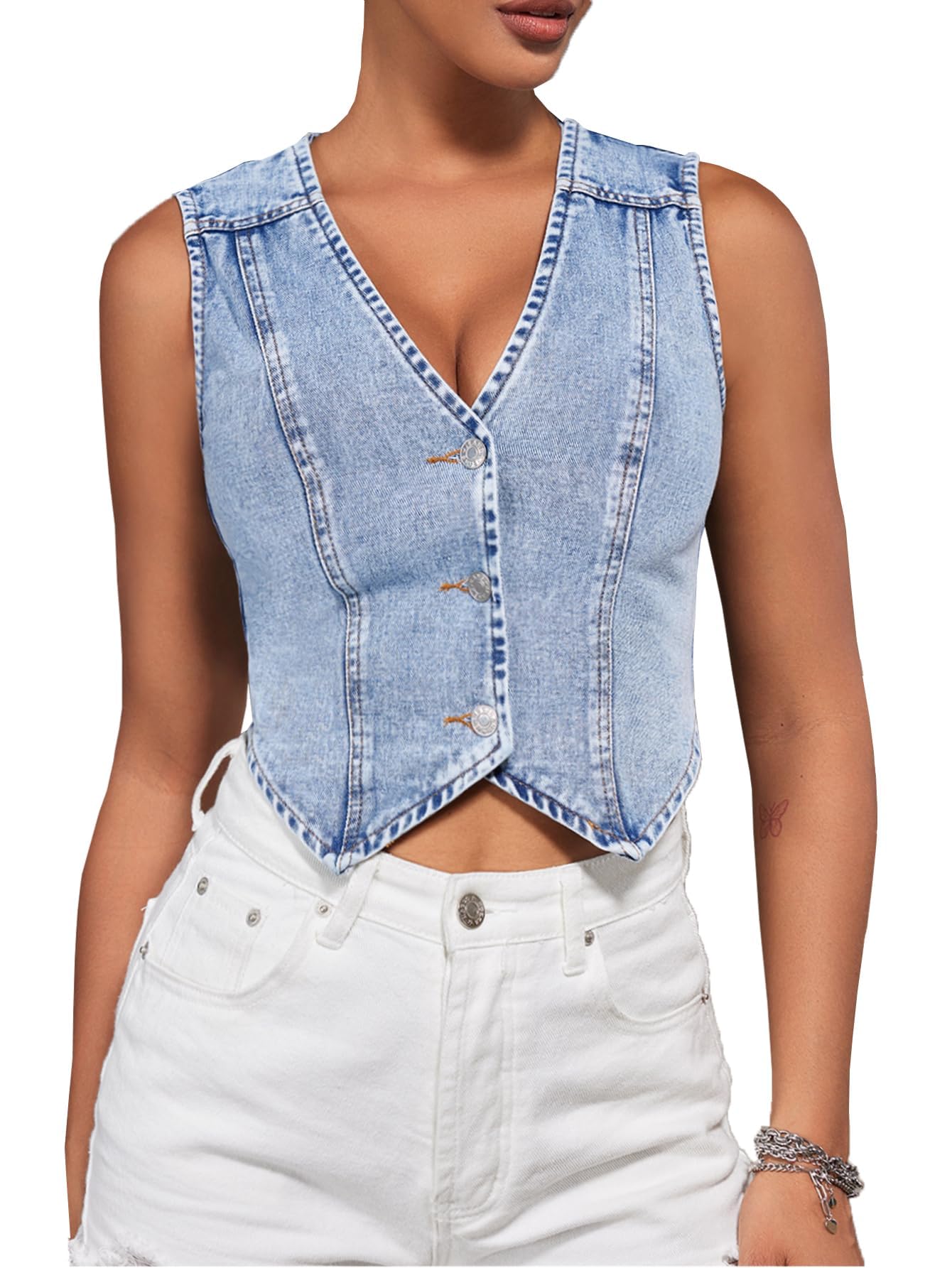 SHENHE Women's Denim Vest Button Down Sleeveless Jean Vest Top Y2K Cropped Denim Jacket Country Fashion Western Clothes Blue L