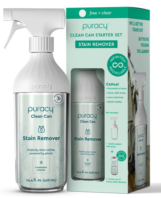 Puracy Clean Can Laundry Stain Remover - Fabric Stain Remover for Clothes Laundry - Stain Treater - Active Enzyme Laundry Stain Remover Spray - Spot Remover for Clothes (Starter Set, Free & Clear)