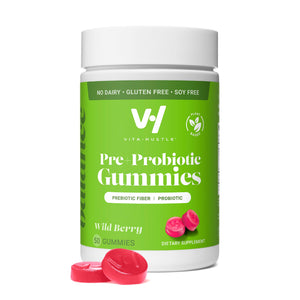 VitaHustle Pre + Probiotic Gummies, Vegan, Gut Health, Digestion, Bloating, Relief, Immune Support, Low Sugar, Plant Based, Non GMO, Berry Flavor, 50 Count