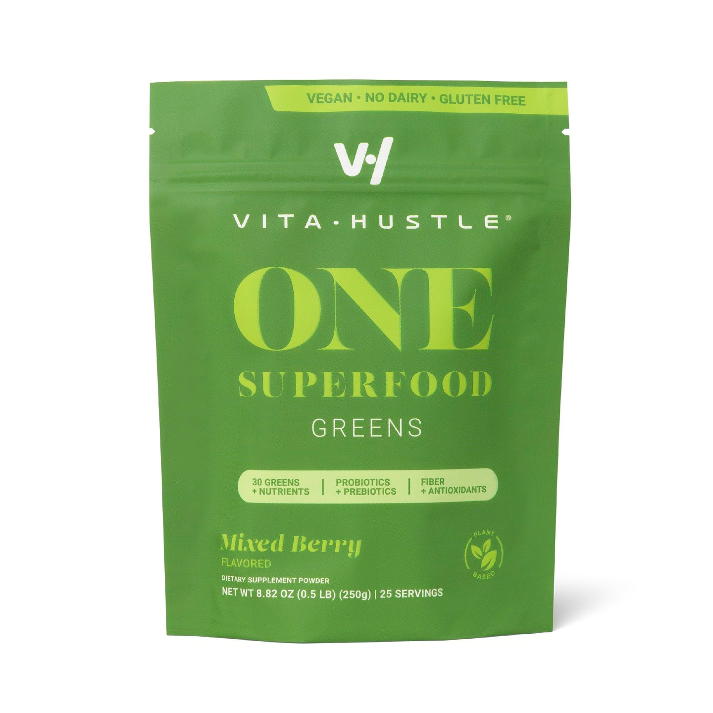 VitaHustle ONE Superfood Super Greens Powder with Prebiotics + Probiotics, Reduce Bloating, Detox, Gut Health, Spirulina, Chlorella, Digestive Enzymes (Berry Flavor, 25 Servings)