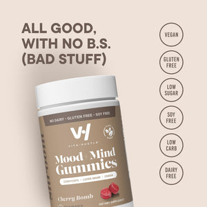 VitaHustle Super Mushroom Mood + Mind Focus Gummies, Lions Mane Mushrooms, Reishi, Chaga, Cordyceps, Vegan, Low Sugar, Non GMO, Cherry Flavor, 50 Count