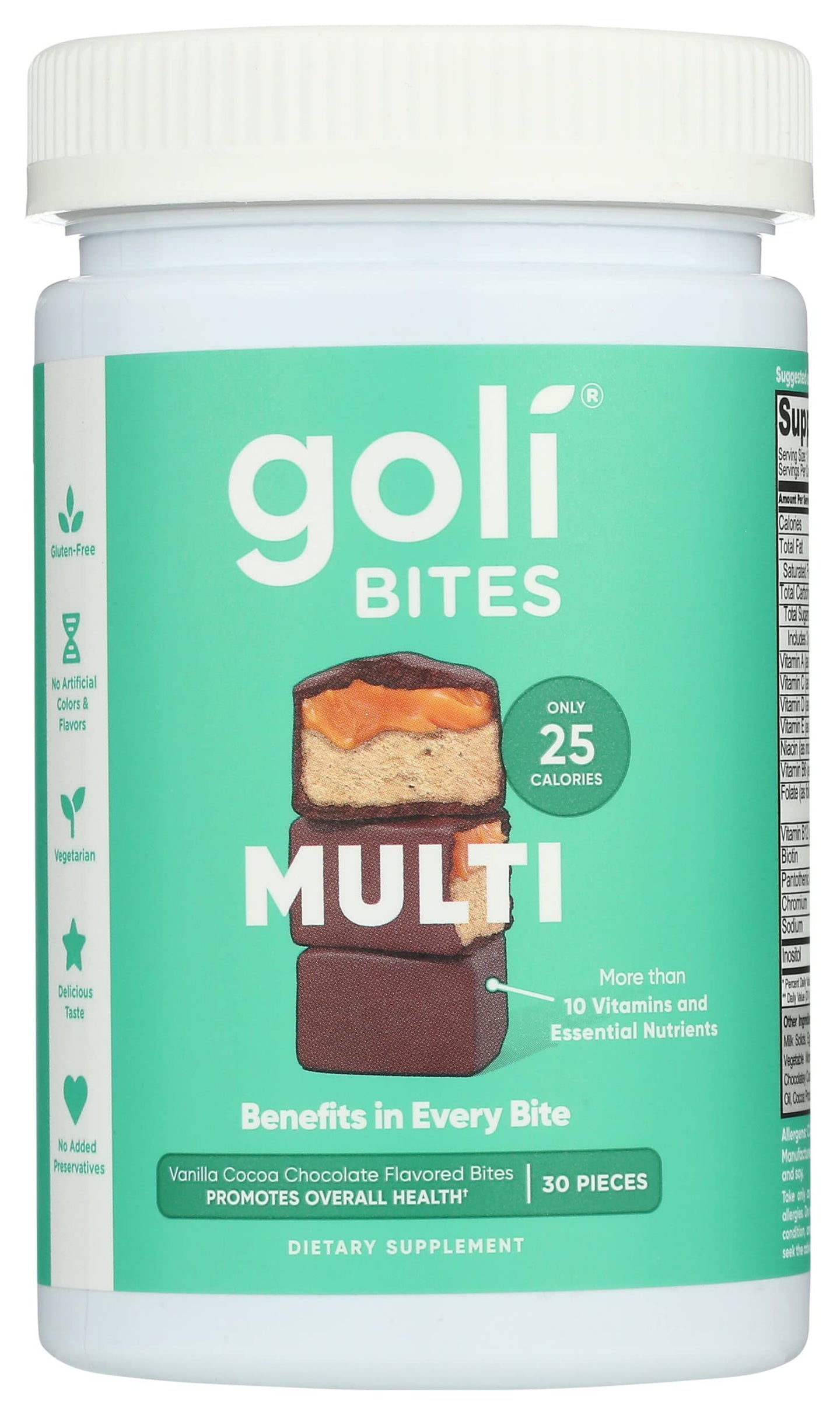 Goli Nutrition Multi Vitamin Bites Vanilla Cocoa Chocolate Flavor, Caffeinated, Vegetarian, Gluten Free and No Added Preservatives, 30 Pieces (Pack of 1)