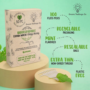 Biodegradable Dental Floss Picks 100 Count 2 Packs | Eco-Friendly Bamboo Like Straw Wheat Sustainable Mint Flavored Flossers for Kids and Adult Teeth Cleaning for The Enviromentally Conscious