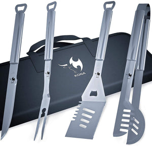 KONA BBQ Grill Tools Set with Case - 18 inches Long to Keep Hands Away from Heat, Premium Stainless Steel Grilling Utensils with Bottle Opener Handles - Makes A Great Gift