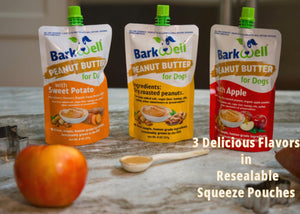 BarkWell Peanut Butter Squeeze - All-Natural Dog Peanut Butter Dog Treat 3 Pack (24 oz) Sourced Made in The USA Plus Free Orange Lick Mat. Peanut Butter, Sweet Potato and Apple. 100% Natural