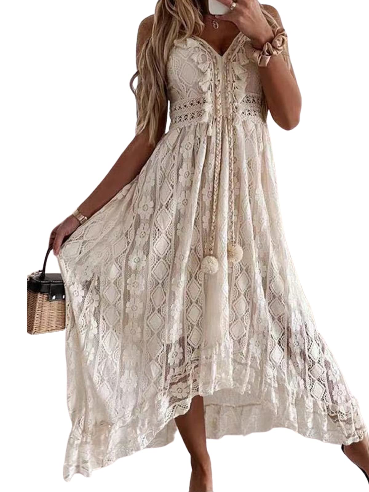 CUPSHE Women's Summer Dresses Sleeveless Lace Casual Tassel Beach Spaghetti Straps Flowy Maxi Sun Dress Beige, M