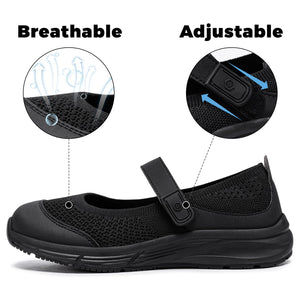 LARNMERN Wide Toe Box Shoes Women Mary Jane Non Slip Diabetic Shoes Mesh Breathable Nurse Walking Slip On Work Flats Food Service Ladies Adjustable Bare Foot Shoes (Black,9)