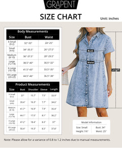 GRAPENT Women’s Denim Dress for Women Button up Denim Dress for Women Jean Denim Dress for Women Denim Babydoll Dress for Women Roadknight Blue Size Medium Size 8 Size 10