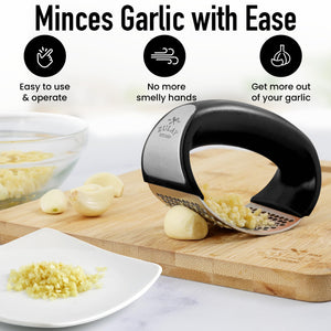 Zulay Stainless Steel Garlic Press Rocker Set - Premium Garlic Mincer Garlic Crusher - New Innovative Garlic Crusher with Peeler and Scraper - Comfortable Grip (Black)