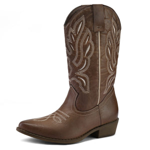 mysoft Women's Western Cowboy Boots Embroidered Mid-Calf Pointed Toe Cowgirl Boot, Available for Regular and Wide Calf