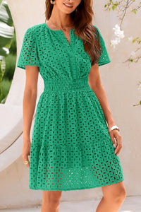 PRETTYGARDEN Womens 2025 Summer Short Dress V Neck Short Sleeve A Line Hollow Out Lace Ruffle Cute Casual Beach Party Dresses (Green,Small)