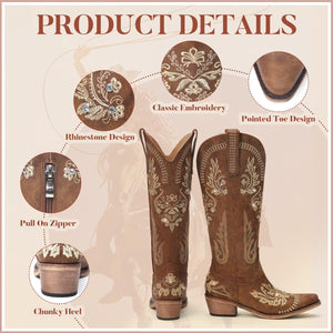 Dixhills Brown Cowboy Boots for Women - Wide Calf Knee High Cowgirl Boots, Glitter Sparkly Rhinestone Western Country Boots with Classic Embroidery, Pointed Toe Pull On Zipper Retro Boots Size 8.5