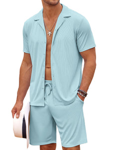 COOFANDY Men Beach Outfits Sets Casual Button Down Shirt with Cuban Collar Summer Tracksuit
