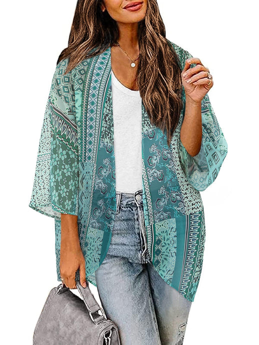 BB&KK Kimonos for Women Chiffon Swimsuit Coverups Beach Cover Up Swimwear Cardigan Summer Open Front Cover Up (12 Light Cyan/Boho, XXL)