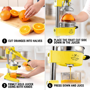 Zulay Kitchen Cast-Iron Orange Juice Squeezer - Heavy-Duty, Easy-to-Clean, Professional Citrus Juicer - Durable Stainless Steel Lemon Squeezer - Sturdy Manual Citrus Press & Orange Squeezer (Yellow)