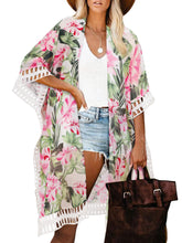 BB&KK Women's Beach Cover Up Swimsuit Lace Stitching Bohemian Floral Print Loose Coverup Hawaii Flowy Kimono Blouse Tops White-Floral Print XL