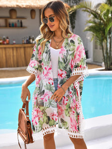 BB&KK Women's Beach Cover Up Swimsuit Lace Stitching Bohemian Floral Print Loose Coverup Hawaii Flowy Kimono Blouse Tops White-Floral Print XL