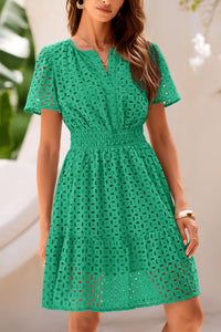 PRETTYGARDEN Womens 2025 Summer Short Dress V Neck Short Sleeve A Line Hollow Out Lace Ruffle Cute Casual Beach Party Dresses (Green,Small)