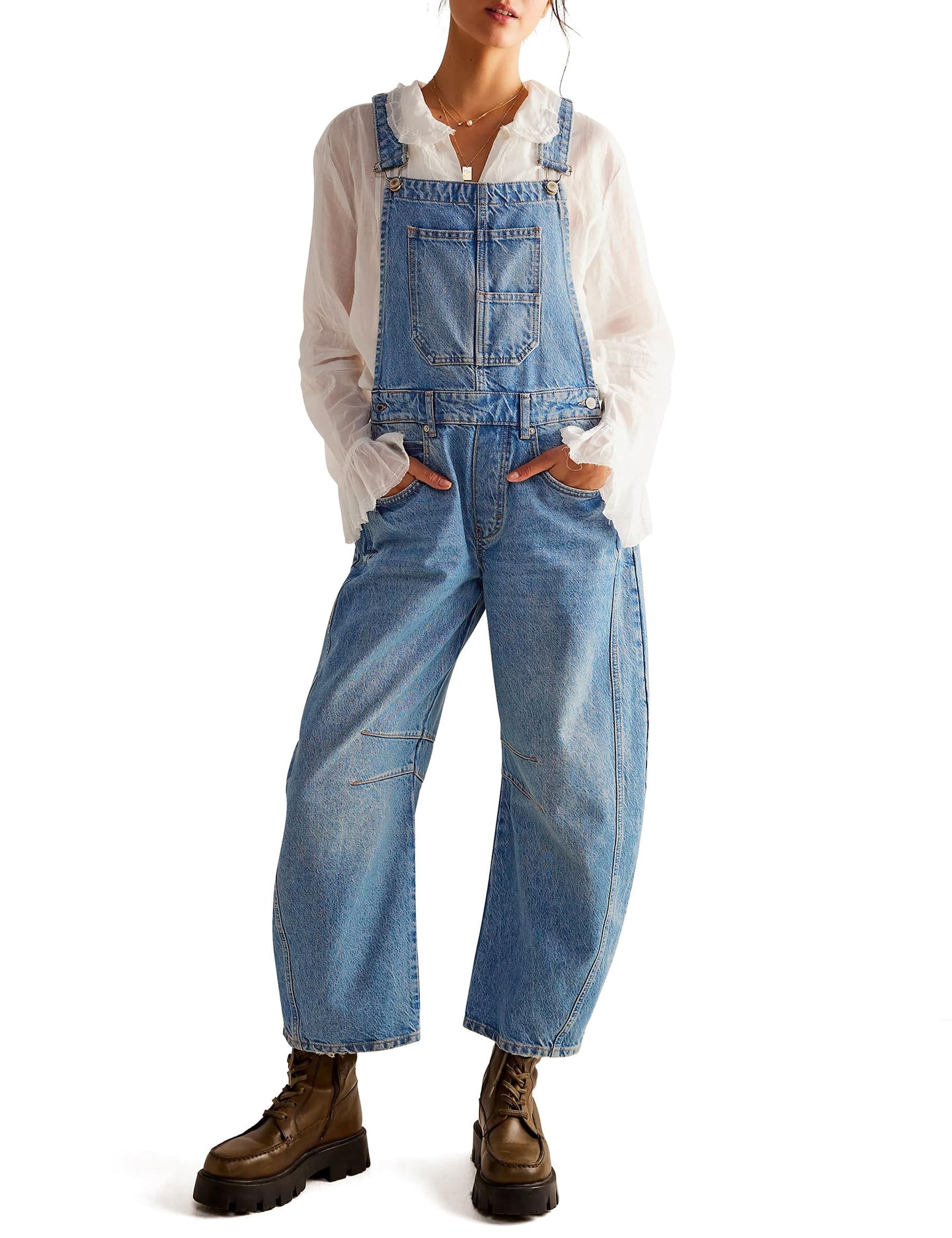 Qazel Vorrlon Denim Overalls for Women Barrel Wide Leg Bib Baggy Jeans Adjustable Denim Romper Stretch Jumpsuit Y2K Pants