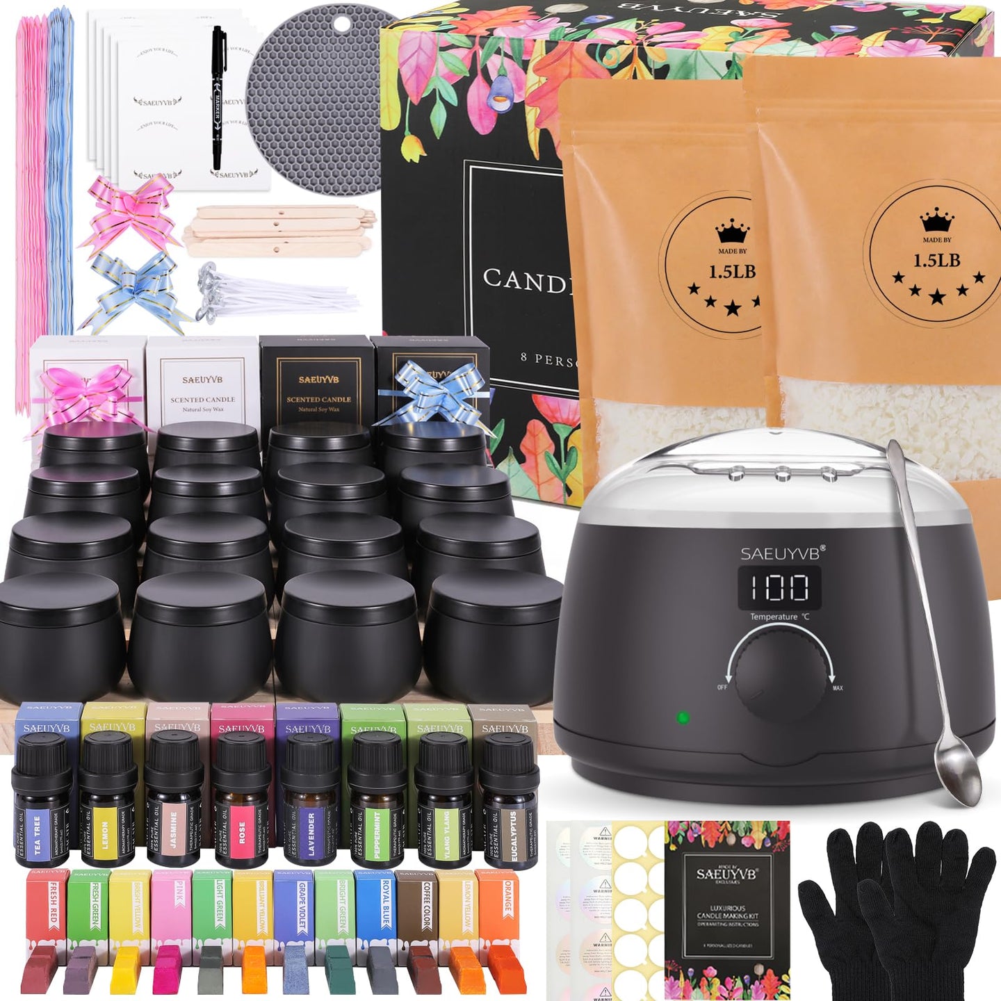 SAEUYVB Candle Making Kit for Adults with Hot Plate, DIY Starter Soy Candle Making Supplies/Kit - Perfect as Home Decorations（Black）