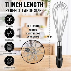 Zulay 11-Inch Stainless Steel Whisk - Balloon Whisk Kitchen Tool With Soft Silicone Handle - Thick Durable Wired Whisk Utensil For Blending, Beating, Whisking, Frothing, Stirring & More (Black)