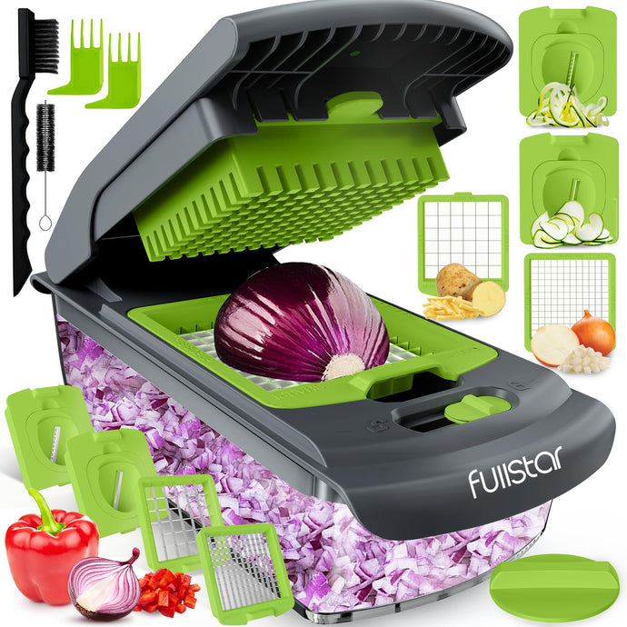 Fullstar Vegetable Chopper - Food Chopper - Onion Chopper - Vegetable Slicer & Spiralizer - Veggie Chopper with Container - Kitchen Gadgets - Home Essentials - Kitchen Accessories (4 in 1, Gray/Green)