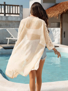 BB&KK Kimonos for Women Long Beach Cover Ups Summer Swimwear Sheer Boho Embroidery Open Front Floral Midi Beige L