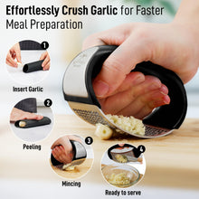 Zulay Stainless Steel Garlic Press Rocker Set - Premium Garlic Mincer Garlic Crusher - New Innovative Garlic Crusher with Peeler and Scraper - Comfortable Grip (Black)