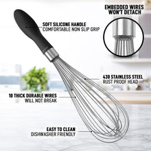 Zulay 11-Inch Stainless Steel Whisk - Balloon Whisk Kitchen Tool With Soft Silicone Handle - Thick Durable Wired Whisk Utensil For Blending, Beating, Whisking, Frothing, Stirring & More (Black)