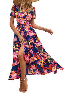 PRETTYGARDEN Women's Summer Wrap Maxi Dress Casual Boho Floral V Neck Short Sleeve Ruffle Hem Split Beach Long Dresses (Blue Orange Floral,Medium)