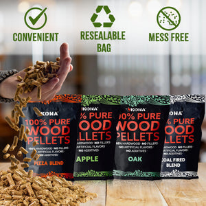 Kona Build Your Own Wood Smoker Pellet Variety Pack - Choose Your Favorite Flavors - Mix and Match Set - Set of 4-2 lb Resealable BBQ Smoker Pellet Bags