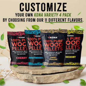 Kona Build Your Own Wood Smoker Pellet Variety Pack - Choose Your Favorite Flavors - Mix and Match Set - Set of 4-2 lb Resealable BBQ Smoker Pellet Bags