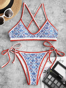 ZAFUL Bohemian Tie Whip Stitch Print Cross Bikini Spaghetti Strap Swimwear