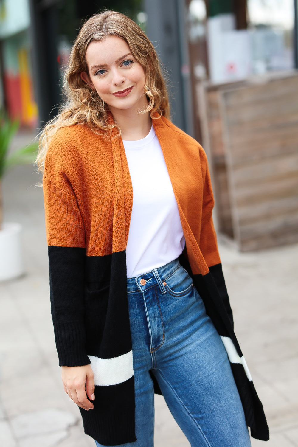 Layer Me Up Rust & Black Color Block Knit Open Cardigan