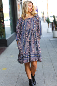 Lovely In Navy Floral Stripe Babydoll Ruffle Pocketed Dress