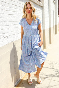 Boho Vibes Blue Ditzy Floral Button-Down Short Sleeve Dress