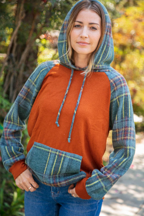 Rust Cashmere Feel Plaid Raglan Hoodie