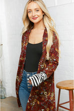 Burgundy Floral Stripe Cardigan with Thumbholes