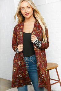 Burgundy Floral Stripe Cardigan with Thumbholes