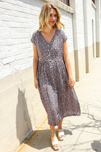 Boho Vibes Charcoal Ditzy Floral Button-Down Short Sleeve Dress
