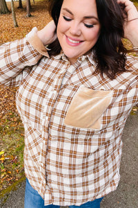 Eyes On You Taupe Plaid Velvet Pocket Button Down Top