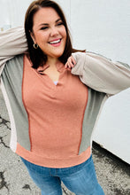 Weekend Bliss Rust & Olive Collared Terry Color Block Top