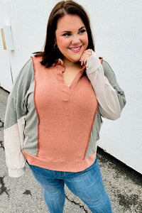 Weekend Bliss Rust & Olive Collared Terry Color Block Top