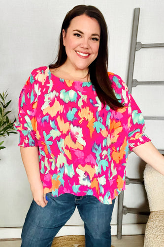 Vacay Vibes Fuchsia Smocked Sleeve Round Neck Dolman Top