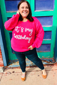 Pretty in Pink Embroidery "It's My Birthday" Chunky Knit Top