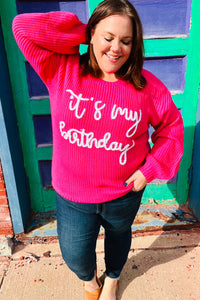 Pretty in Pink Embroidery "It's My Birthday" Chunky Knit Top