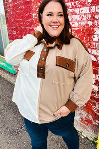 Fun Days Ahead Sepia Ivory/Taupe Color Block Button Down Pullover