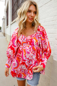 All For You Red Silky Floral Print Sweetheart Neck Long Sleeve Blouse