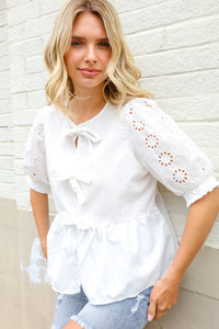 Charming In White Cotton Babydoll Bow Tie Eyelet Top